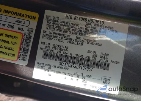 2013 Ford Fusion Titanium из США, поврежденный, VIN 3FA6P0K93DR137057